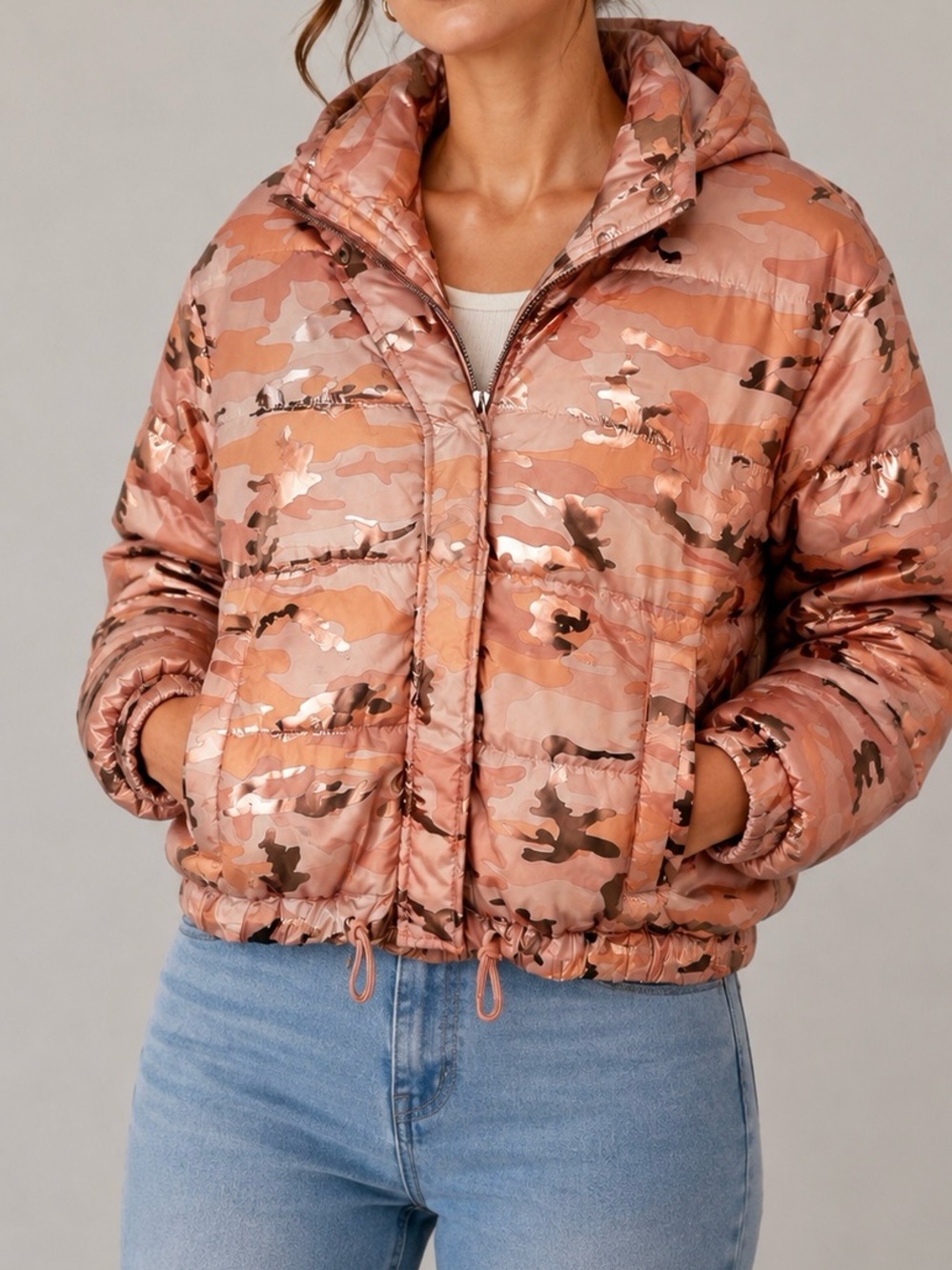 NWT Ashley Outerwear Rose Gold Metallic Camo Puffer Jacket Size M